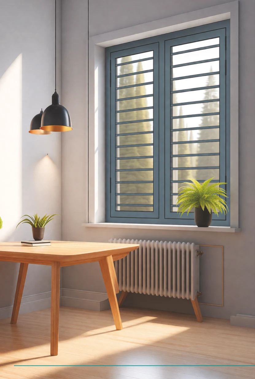 Steel window illustrated in a warm, furnished room in the SECURE catalogue