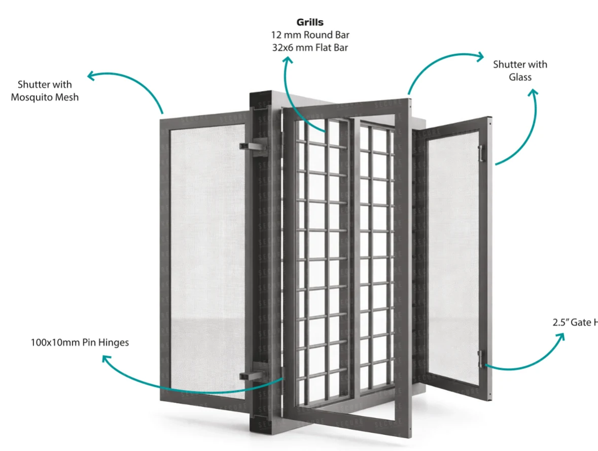 Catalogue diagram showing separate mosquito-mesh and glass shutters, grille, pin hinges and gate hook