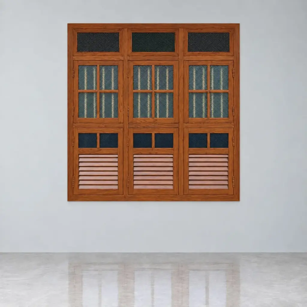Wood-Finish Steel Window — Ventilator, Glass & Louvre