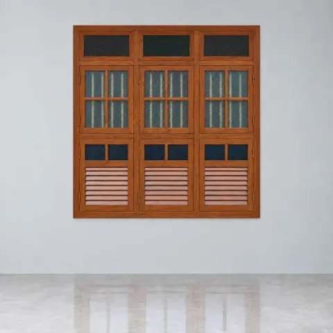 Wood-Finish Steel Window — Ventilator, Glass & Louvre